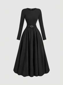 SHEIN MOD Women's Black Long Sleeve Maxi Bubble Dress With Belt,New Year Eve Dress,Bubble Dress,