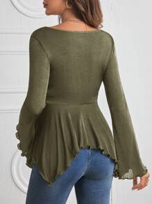 SHEIN Maternity Flounce Sleeve Ruched Lettuce Trim Y2k Style T-Shirt, Black Long Sleeve Tight Fit Maternity Top, Autumn/Winter