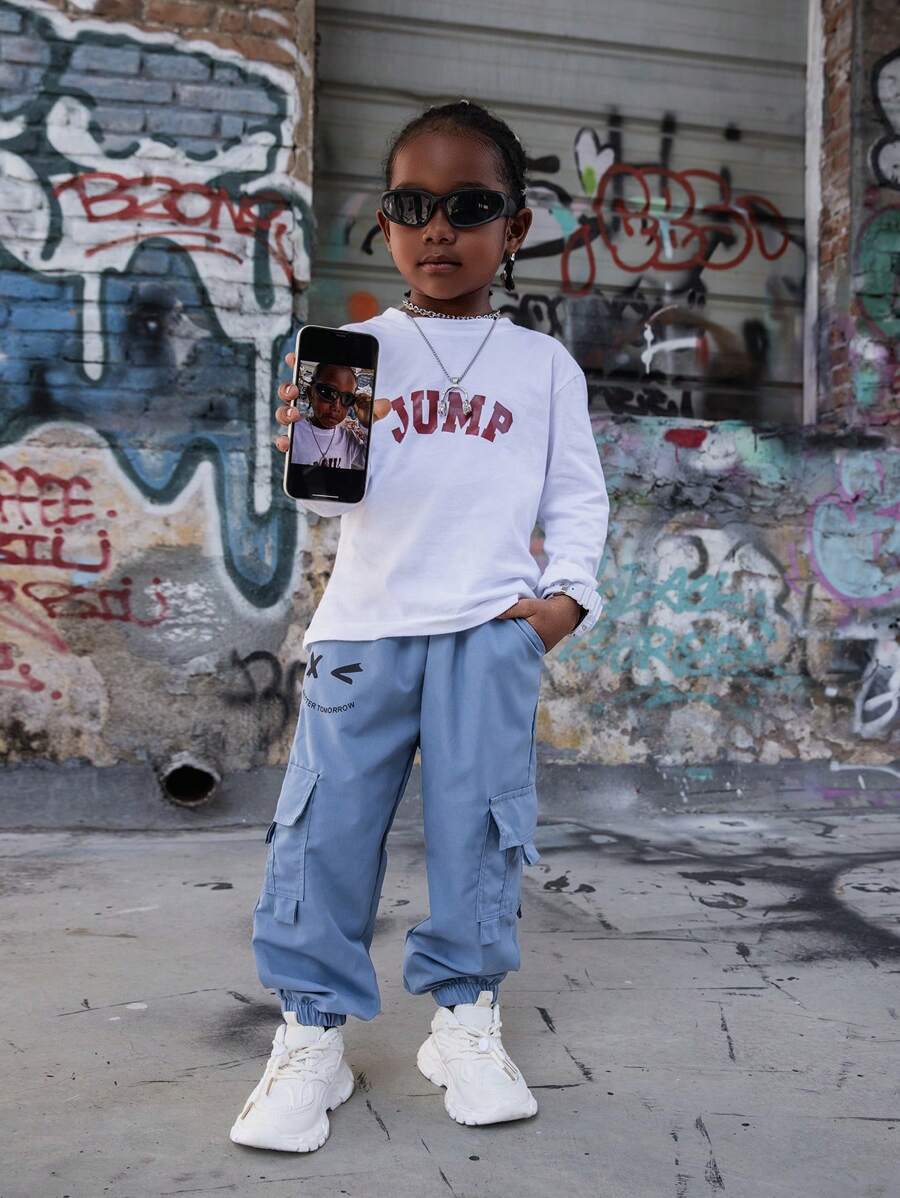 SHEIN Cartoon Smiling Face Print Elastic Waist Cargo Pocket Drawstring Casual Pants For Young Boys - Blue - View 1