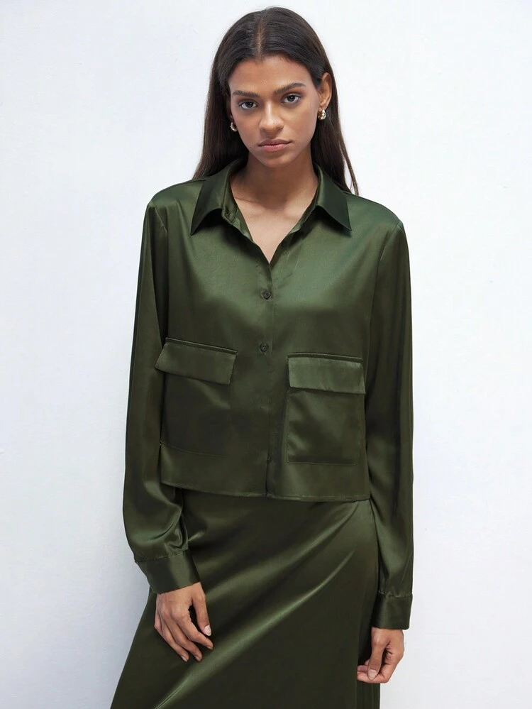 SHEIN Maija Women's Military Green Everyday Casual Versatile Front Pocket Detail Long Sleeve Blouse, Autumn/Winter & Christmas