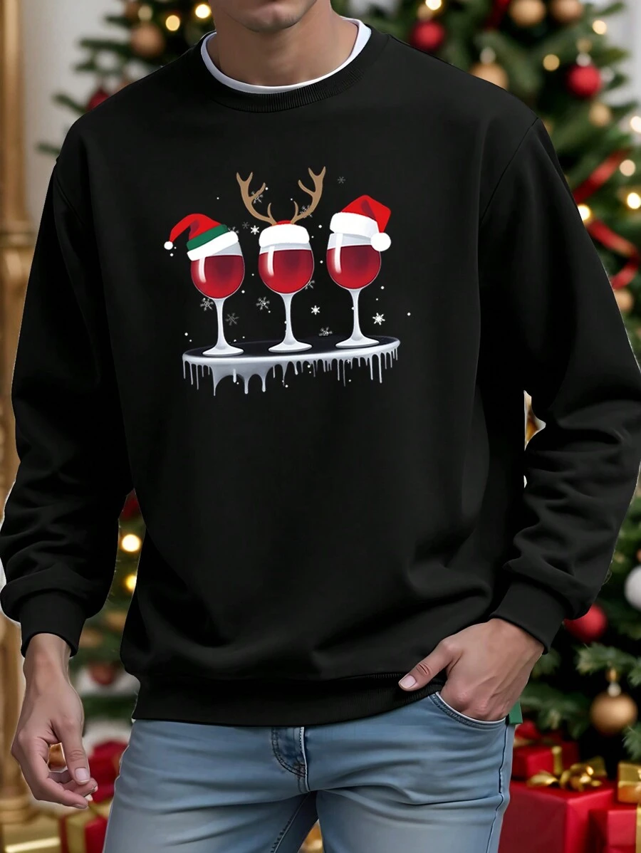Manfinity Homme 男士圣诞酒杯印花休闲黑色运动衫 - 黑色 - 查看 1