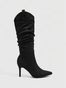 CUCCOO SZL 女士尖头绒面革一脚蹬高跟黑色靴子，性感优雅派对踝靴，褶皱中筒长靴，适合秋冬新年假期情人节