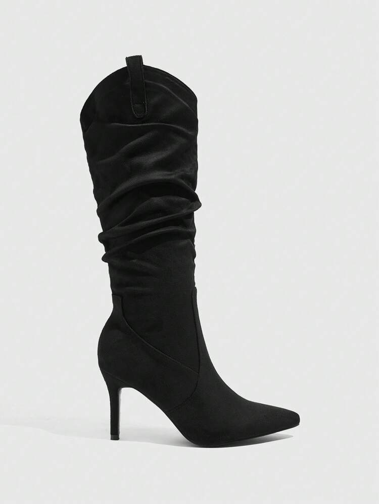 CUCCOO SZL Botas negras de tacón alto con punta puntiaguda y suela para mujer, botas elegantes y sexys para fiesta, botas largas de media pantorrilla con arrugas, adecuadas para otoño/invierno, Año Nuevo, Día de San Valentín