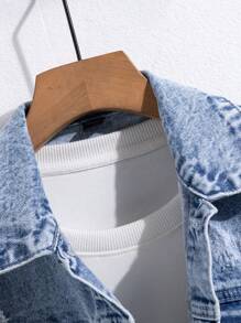 Manfinity Homme 男士长袖休闲纽扣牛仔夹克，适合秋季外出穿着 - 淺色水洗藍 - 查看 8