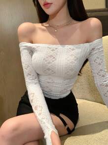 DAZY Women's Lace Off Shoulder Slim Fit Versatile T-Shirt, White, Spring/Summer