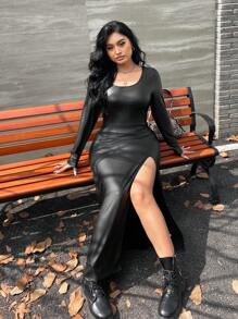 SHEIN EZwear 大码女士冬季连衣裙，女士长袖连衣裙，休闲连衣裙，皮革连衣裙，秋季黑色 PU 皮革材质裙子 - 黑色 - 查看 3