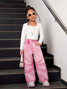 SHEIN Explorewe Young Girl New Fashionable Patchwork Design Faded Red Straight Leg Jeans - Hot Pink - View 5