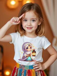 SHEIN 1pc Ramadan Girls Ramadan Mubarak Moon & Lantern Graphic Round Neck Short Sleeve Casual T-Shirt, Spring/Summer Ramadan Young Girl Clothing - White - View 1