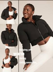 GLOWMODE Windproof Lightweight Warm Cropped Ribbed Cuffs Bomber Puffer Jacket Daily Casual Winter - Black - View 7