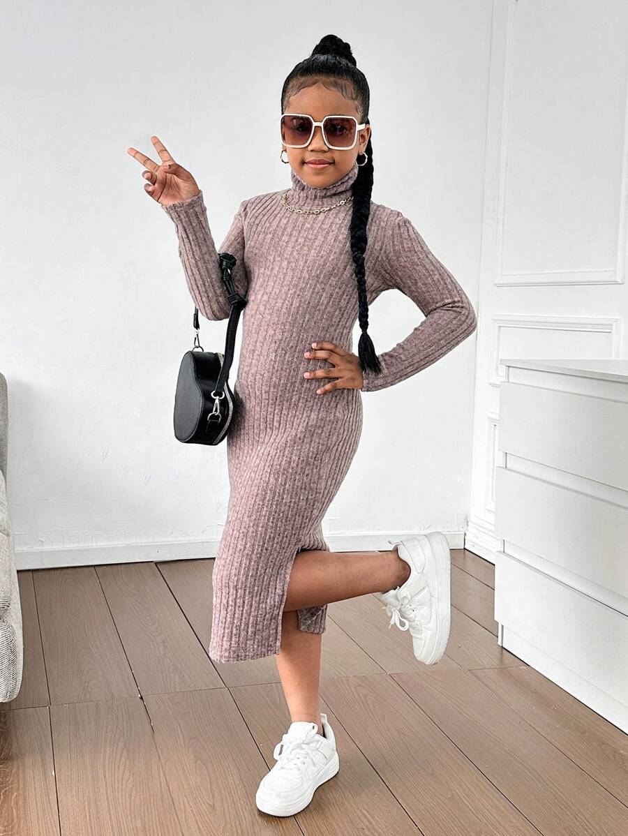 SHEIN 青少年女孩运动时尚纯色高领保暖长袖紧身连衣裙 - 酒紅色 - 查看 1