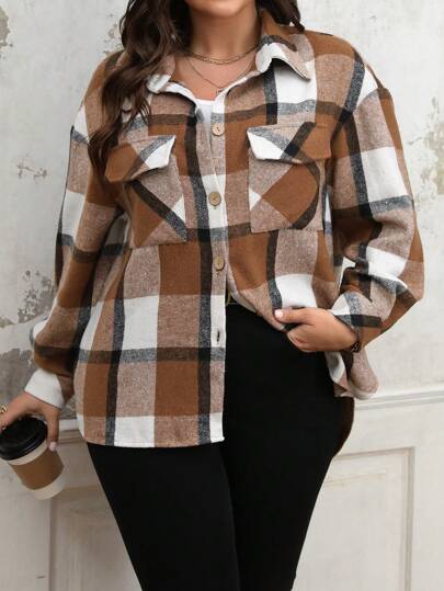 SHEIN LUNE Chaqueta informal con bolsillo con solapa de talla grande con estampado a cuadros, para otoño/invierno