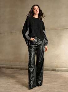 Anewsta 分叉下摆撞色抽绳装饰毛衣，高低摆针织套头衫，秋冬款 - 黑色 - 查看 1