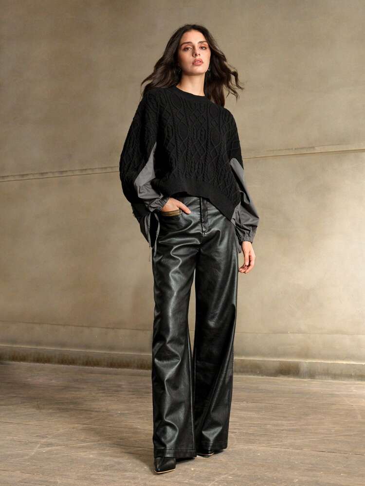 Split Hem Color Block Drawstring Decor Sweater, High Low Design Knit Pullover Fall Winter