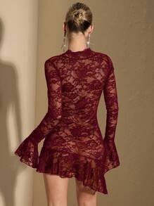 SHEIN BAE Czarna koronkowa sukienka, seksowna wieczorowa sukienka, sukienka na imprezę halloweenową, sukienka z falbaniastym dołem, sukienka z falbaniastym rękawem i asymetrycznym dołem, przezroczysta seksowna sukienka, sukienka klubowa