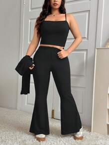 SHEIN EZwear 大码前扣长袖休闲上衣和裤子两件套 - 黑色 - 查看 2