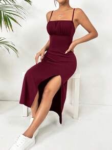 SHEIN EZwear 女士简约纯色细肩带开衩下摆休闲连衣裙 - 酒紅色 - 查看 6