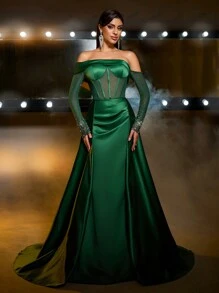 Glamrae Elegant Off Shoulder Mesh Sheer Long Sleeve Luxury Handmade Beaded Dress, Fishbone Waist See-Through High Slit Fish Tail Flowing Prom Dress With Train, Wedding Guest Dress