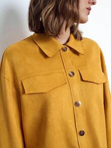 Maija 女士时尚麂皮翻领长袖口袋前排纽扣夹克外套，百搭，秋冬 - 薑色 - 查看 4