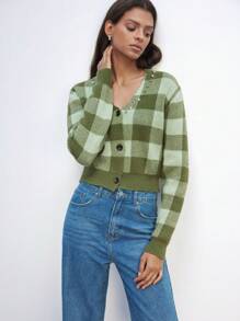 Maija 女式格子 V 领长袖单排扣休闲开衫，秋冬 - 橄欖綠 - 查看 5