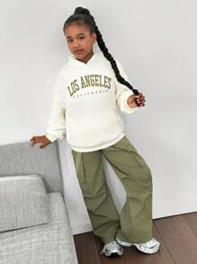 SHEIN Leap Crew Tween Girl 字母图案羊毛连帽衫，带口袋和罗纹裤 2 件套，休闲学院风，时尚，适合秋冬季