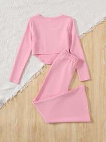 Tween Girls Sweet Sporty Solid Color Crew Neck Long Sleeve Top And Flared Pants Set