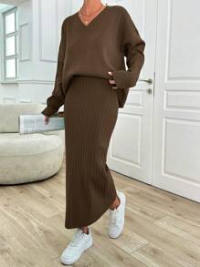 RueChic Casual Oversize V-hals Flare Mouw Trui & Maxi Rib Breiwerk Trui Rok 2-delige Set