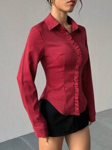 Flirla Casual Minimalist Ruched Striped Women Shirt