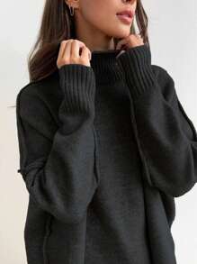 Cévolie 女士高领落肩长袖针织毛衣和针织裤两件套休闲套装，秋冬 - 黑色 - 查看 4