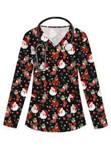 PopScrub Áo thun cổ chữ V tay dài hai túi dễ thương cho nữ, mũ đỏ Giáng sinh hình bông tuyết, áo đồng phục bác sĩ y tá in hình quà tặng Giáng sinh, áo phẫu thuật kiểm tra sức khỏe đồng phục cho nữ, áo đồng phục chải chuốt cho thú cưng, quần áo làm việc của chuyên gia dinh dưỡng, áo ngắn tay làm việc trong phòng thí nghiệm, nhiều túi, áo chức năng cho nữ có thể mặc vào dịp Giáng sinh, áo phẫu thuật in họa tiết tối màu cho nữ, áo phẫu thuật Giáng sinh - màu đen - Xem 1