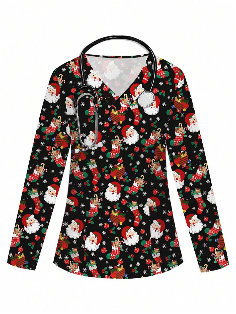 PopScrub Áo thun cổ chữ V tay dài hai túi dễ thương cho nữ, mũ đỏ Giáng sinh hình bông tuyết, áo đồng phục bác sĩ y tá in hình quà tặng Giáng sinh, áo phẫu thuật kiểm tra sức khỏe đồng phục cho nữ, áo đồng phục chải chuốt cho thú cưng, quần áo làm việc của chuyên gia dinh dưỡng, áo ngắn tay làm việc trong phòng thí nghiệm, nhiều túi, áo chức năng cho nữ có thể mặc vào dịp Giáng sinh, áo phẫu thuật in họa tiết tối màu cho nữ, áo phẫu thuật Giáng sinh - màu đen - Xem 1