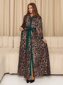 SHEIN Clasi Women's Long Leopard Print Color Block Shirt Collar Dress - Multicolor - View 6