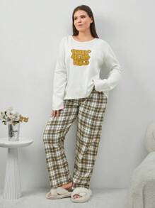 RueChic Cotton 2Pcs Plus Size Slogan Printed Top And Plaid Printed Sleep Bottom PJ Set - Apricot - View 1