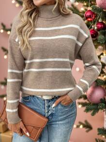 SHEIN LUNE Pink Christmas Women Clothes  Women High Neck Striped Warm Pullover Sweater, Winter - Khaki - View 2