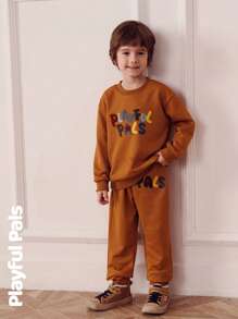 SHEIN 1 Pc Suitable Young Boys And Young Girls Sets Fun Letter Print 3D Embroidery Sweatshirt & Sweatpants Cute/Retro/Casual/Home/Outdoor Winter/Fall Outfits - Brown - View 7