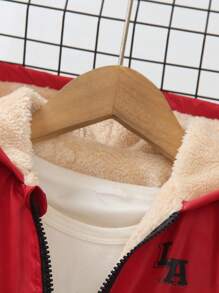 SHEIN 2 件套休闲运动羊毛连帽夹克和裤子套装，适合秋冬季日常、学校、运动和户外活动 - 紅色 - 查看 5