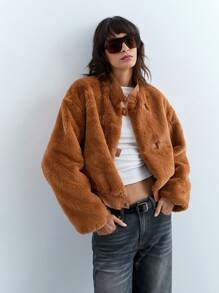 Maija Chaqueta corta y esponjosa para mujer con tacto suave y cálido, abrigo - Marrón - Ver 3