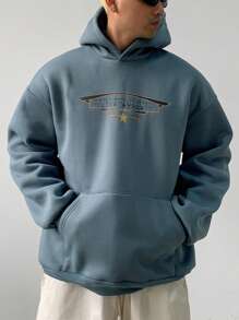 DAZY Sudadera con capucha de ajuste holgado y manga larga con estampado de letras para hombres, informal para otoño