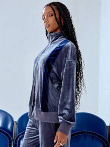 MUSERA Contrast Stripe Velour Straight Leg Trousers Vacation Cute Sexy Summer - Grey - View 4