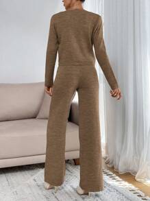 2pcs Women Casual Button Front Long Sleeve Top And Long Pants Set