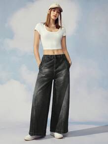 Manfinity Hypemode 1pc Men Loose Slanted Pockets Wide Leg Jeans - Black - View 7