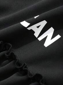 FRIFUL Women's Letter Print Round Neck Drop Shoulder Long Sleeve Ruffle Hem Loose T-Shirt, Autumn,Fall Women Clothes - Black - View 7