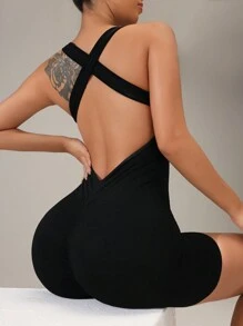 Gameset SHEIN Sport Women's Solid Color Open Back Crossed Straps Scoop Neck Sleeveless Jumpsuit Sports Set - Black - View 6