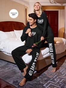 CoupledUp Letter Print Casual Pullover Short Sleeve Pants Men's Pajama Set - Black - View 1