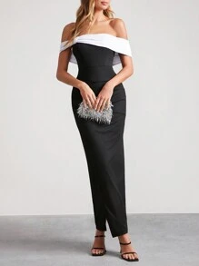 SHEIN Clasi Vestido ceñido con hombros descubiertos, lazo y abertura para mujer