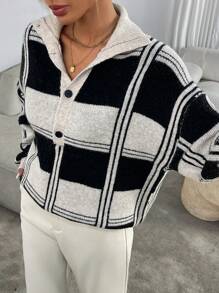 SHEIN LUNE Women Plaid Half-Button Collar Pullover Sweater, Suitable For Autumn And Winter Knit Pullover Fall - Black - View 6