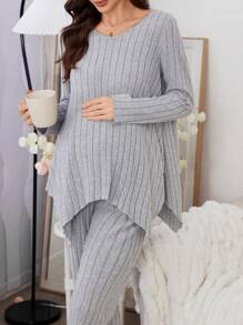 Asymmetrical Hem Solid Color Velvet V-Neck Long Sleeve Maternity Loungewear Set - Grey - View 6