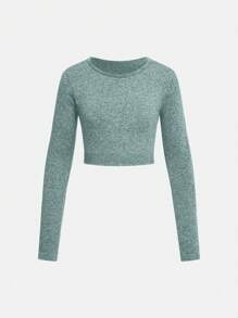 SHEIN Conjunto de ropa deportiva para niñas preadolescentes, blusa de manga larga negra y pantalones largos, traje deportivo elástico de yoga cómodo y transpirable, diseño minimalista y de moda