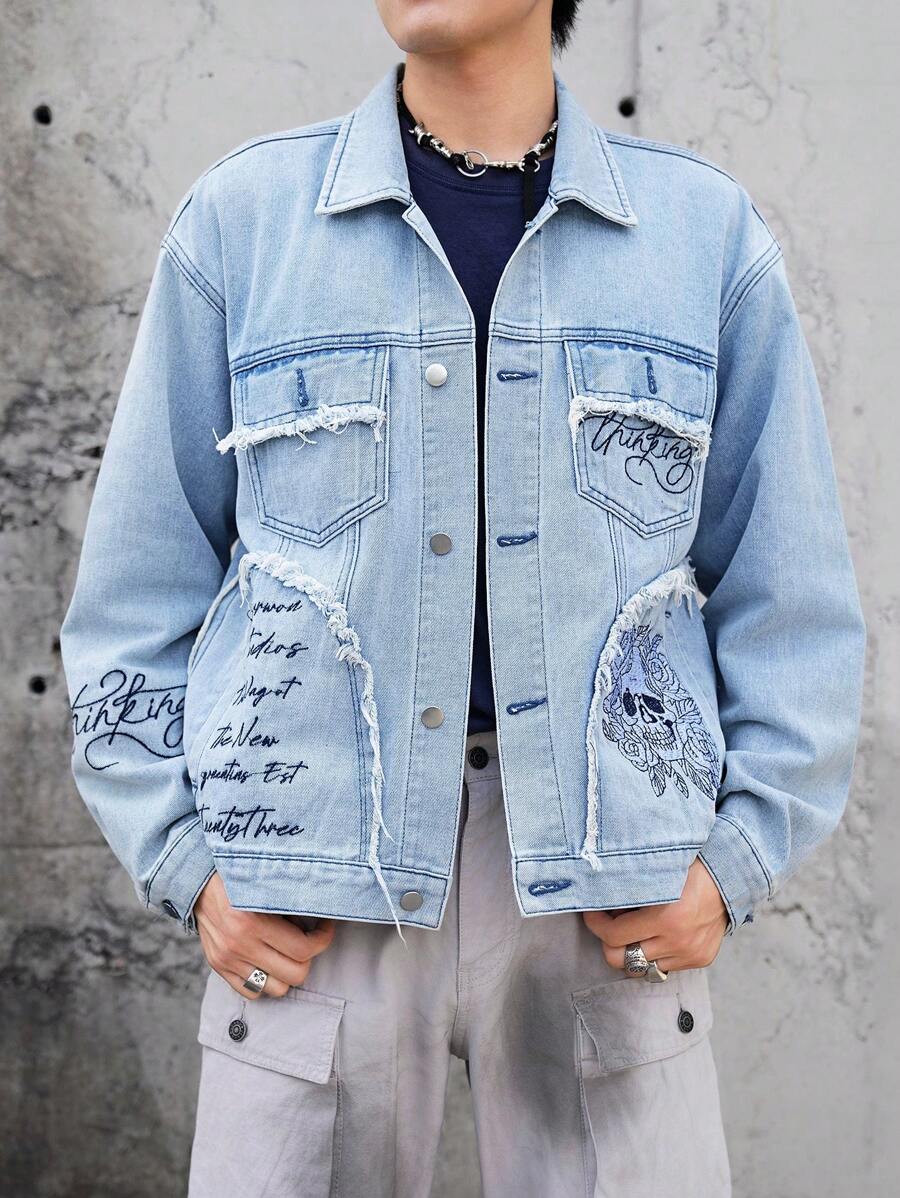 Manfinity Roghcode Plus Size Men's Button Front Long Sleeve Pocket Frayed Hem Casual Denim Jacket - Blue - View 1