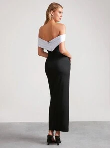 SHEIN Clasi Vestido ceñido con hombros descubiertos, lazo y abertura para mujer