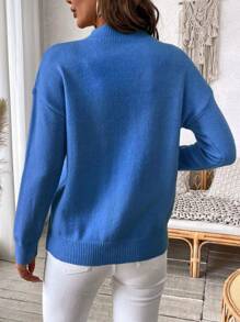 Calvaya Plus Size Women's Solid Color Stand Collar Dropped Shoulder Long Sleeve Casual Pullover Sweater, Autumn/Winter - Royal Blue - View 2